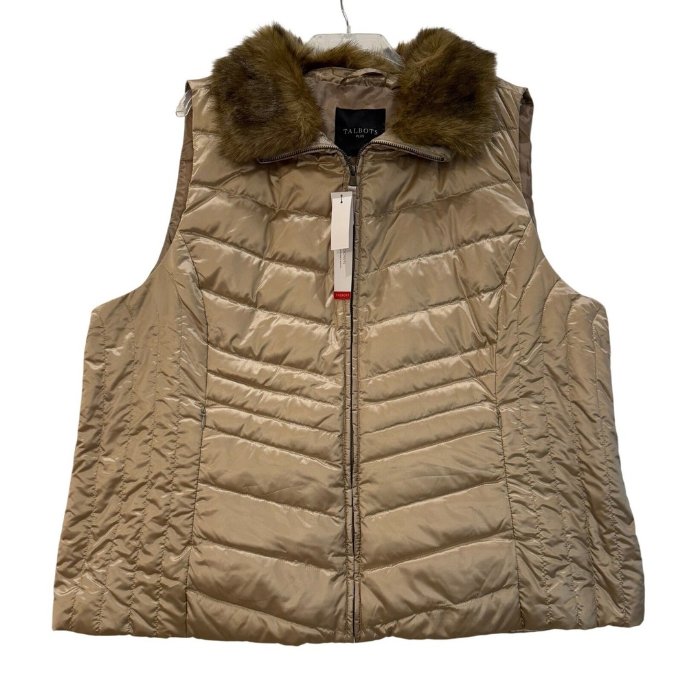 Talbots Plus 3X Champagne Gold Down Puffer Vest Faux Fur Trim New $189